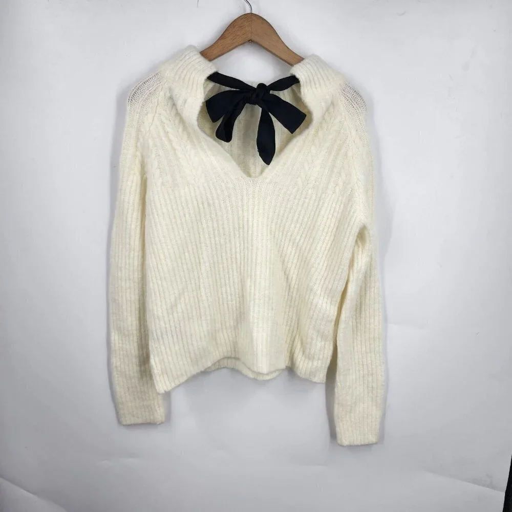 FRNCH‎ Women's Back Bow Tie Cable Knit Long Sleeve Cream Size S NWT